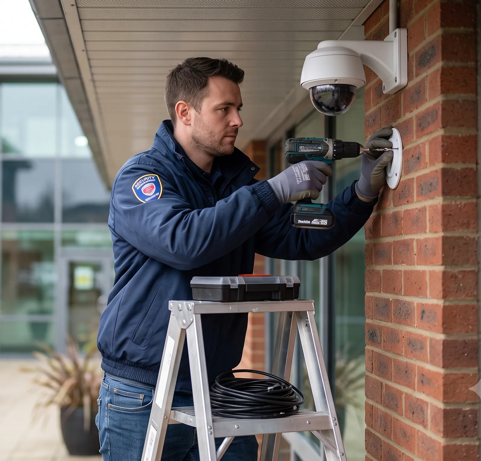 An installer on a step ladder mounting a dome camera to a brick wall of a commercial building.