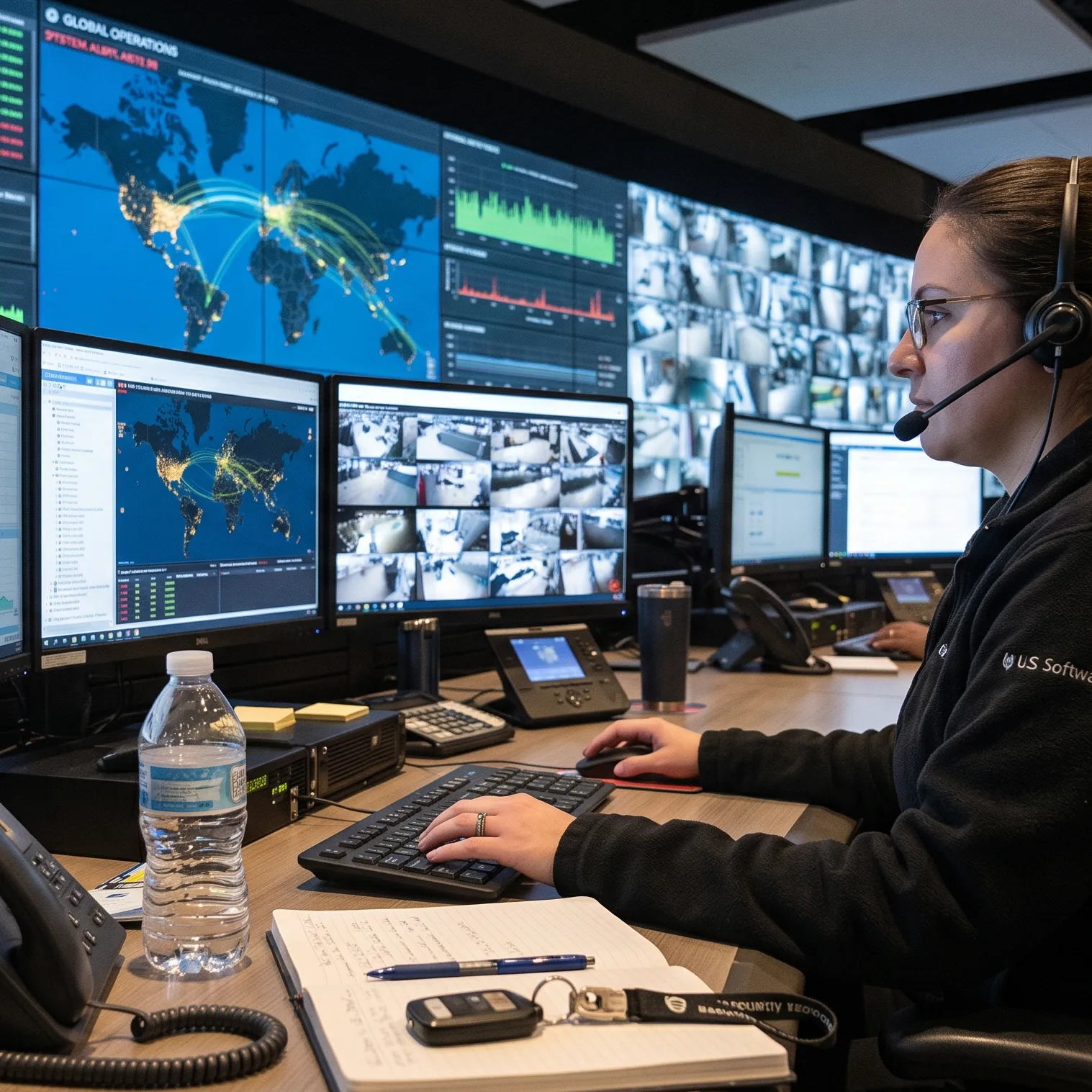 A monitoring centre operator at a multi-screen workstation with a video wall of dashboards and camera feeds in the background.