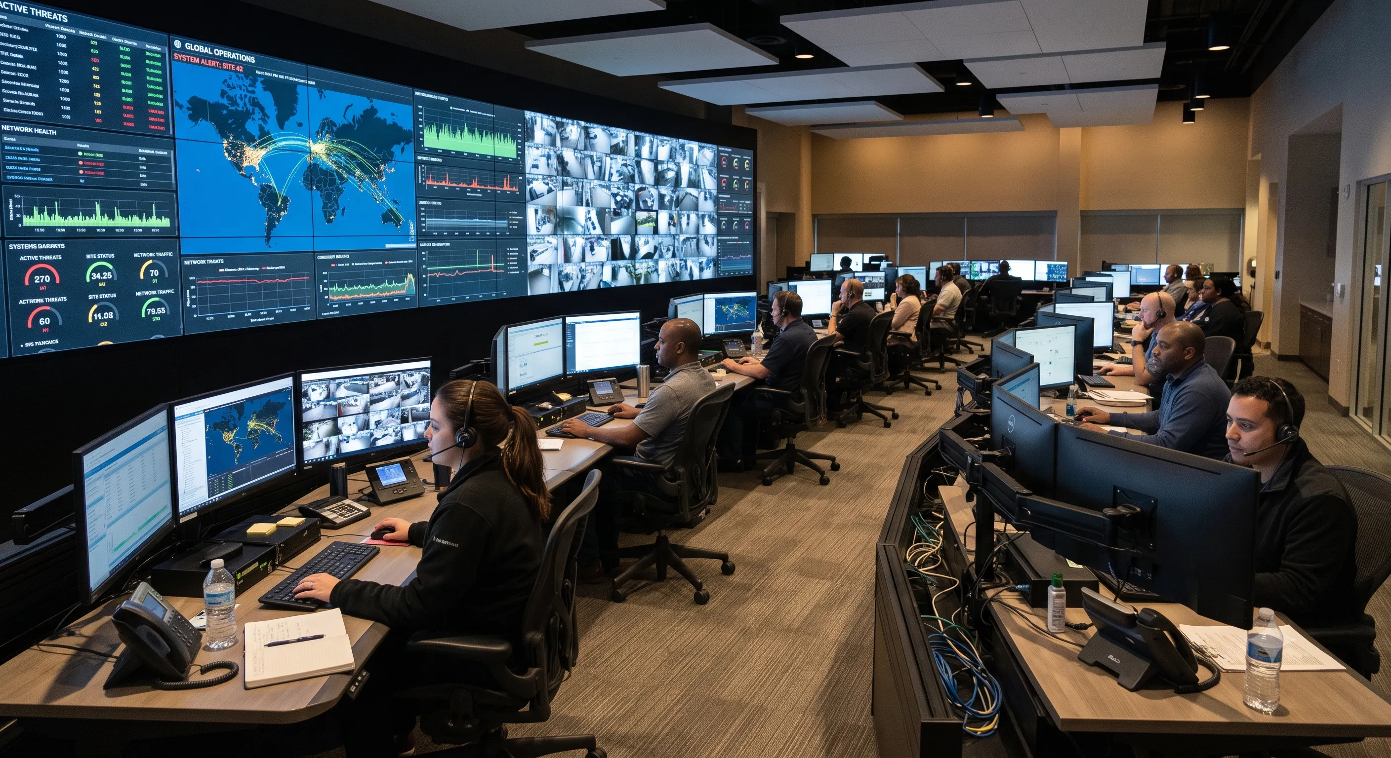 Operators at workstations inside a live remote video monitoring centre — the environment Enid was built in.