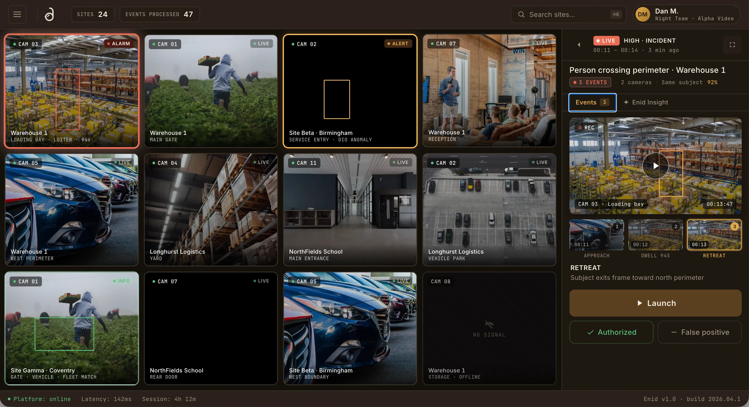 Enid operator console — live event queue and site context