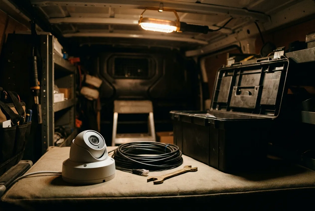 Security installer's van at night — dome camera and Cat6 cable on the workbench
