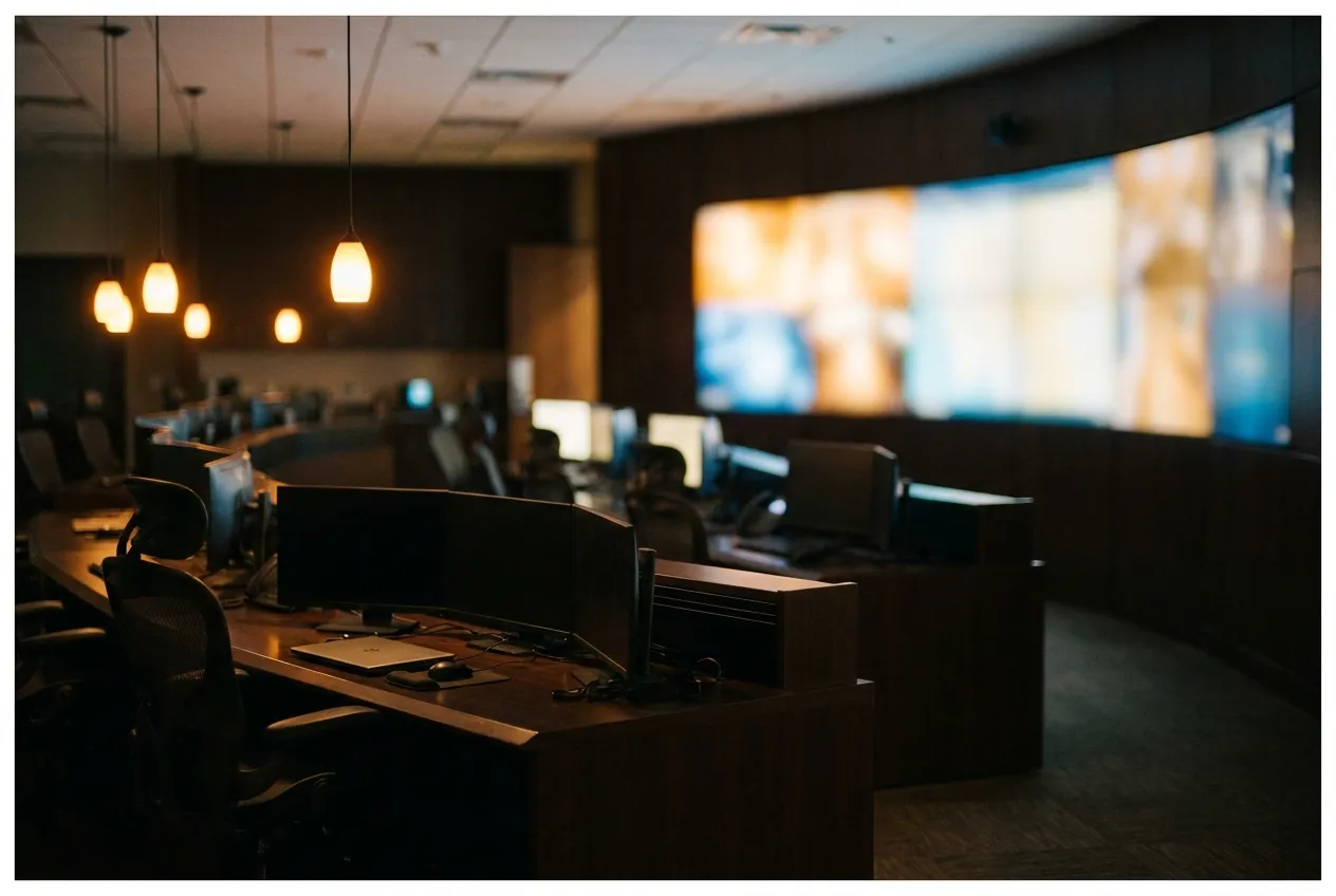 Monitoring center operations room at night, video wall glowing softly