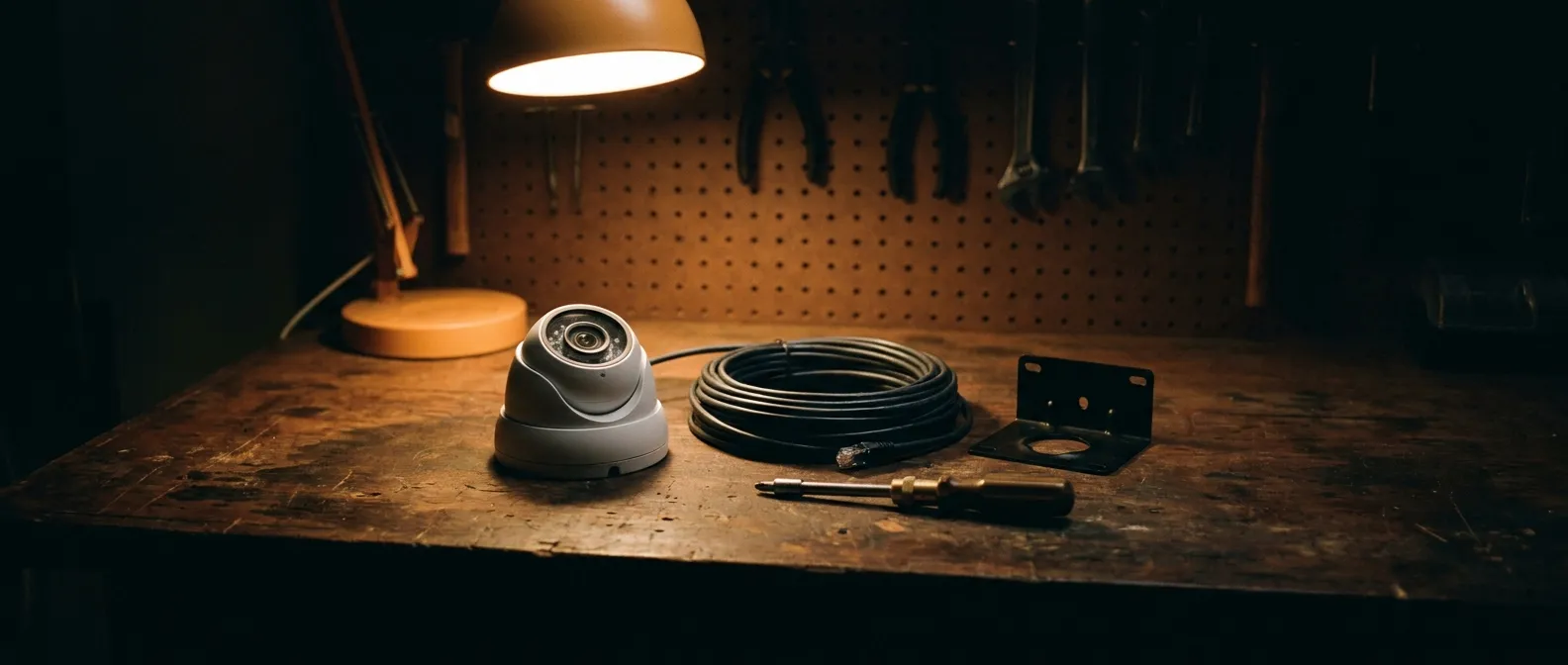 Installer's workshop bench at dusk — a small camera and mounting hardware laid out under a warm work-lamp.