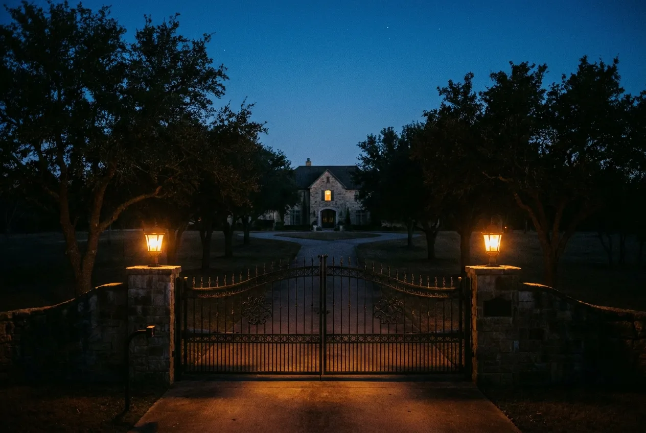 Gated residential estate entrance at dusk