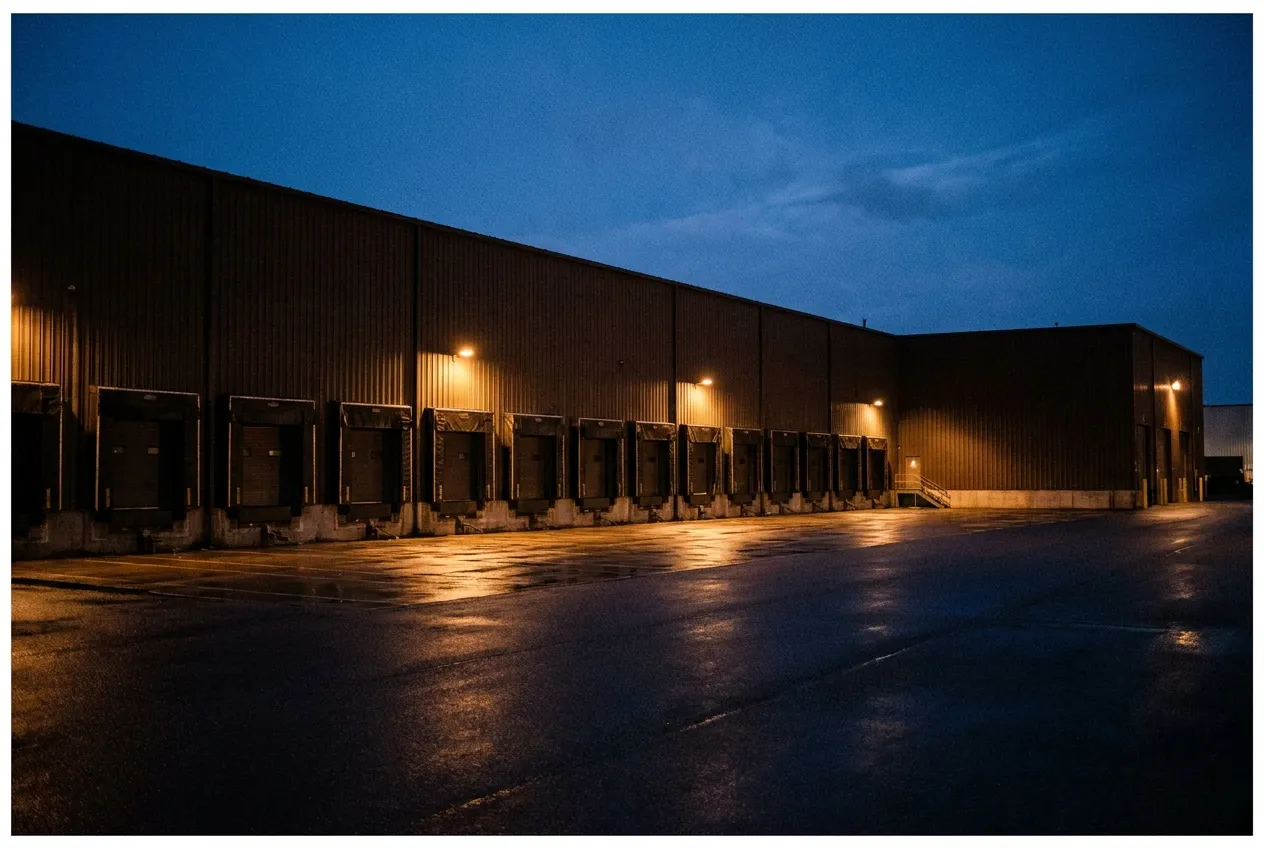 Warehouse loading bay and yard at night